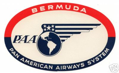A 1940s Pan Am Bermuda baggage label.  The red, white and blue colors suggest that the label may have been used during World War II.